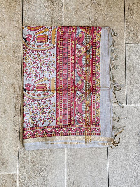 Red Madhubani Print Cotton Silk Saree with Running Blouse