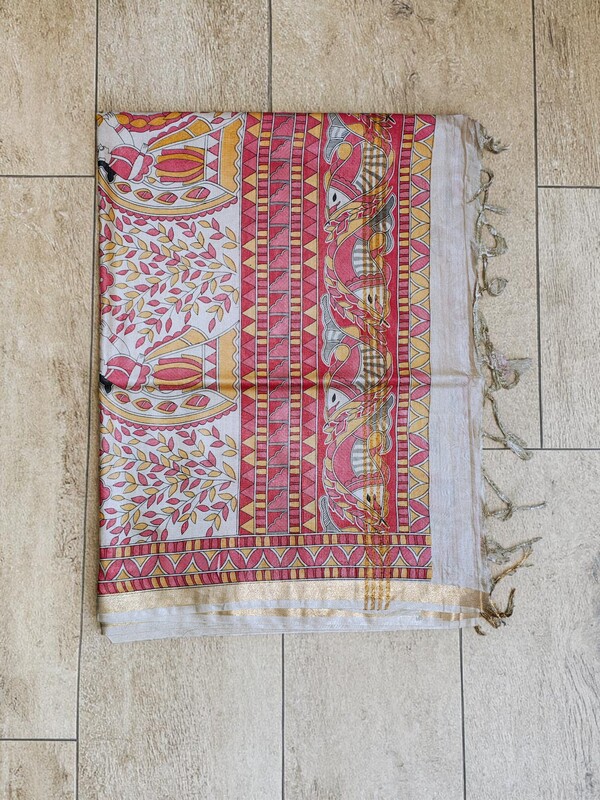 Red Madhubani Print Cotton Silk Saree with Running Blouse