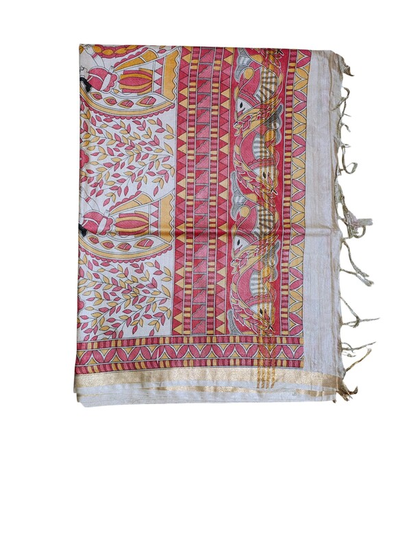Red Madhubani Print Cotton Silk Saree with Running Blouse