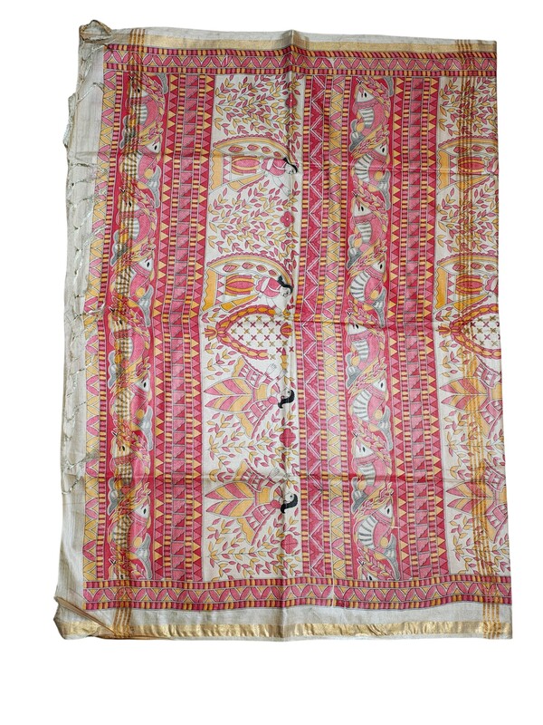 Red Madhubani Print Cotton Silk Saree with Running Blouse