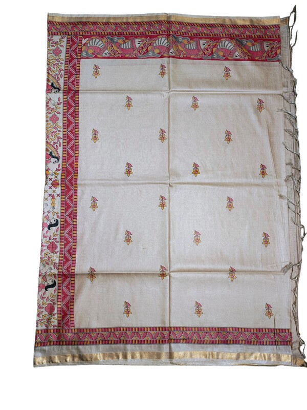 Red Madhubani Print Cotton Silk Saree with Running Blouse