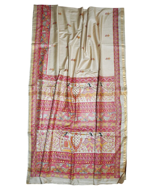 Red Madhubani Print Cotton Silk Saree with Running Blouse
