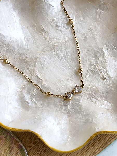 Duo Heart Necklace Anti Tarnish Double Heart Stone Necklace