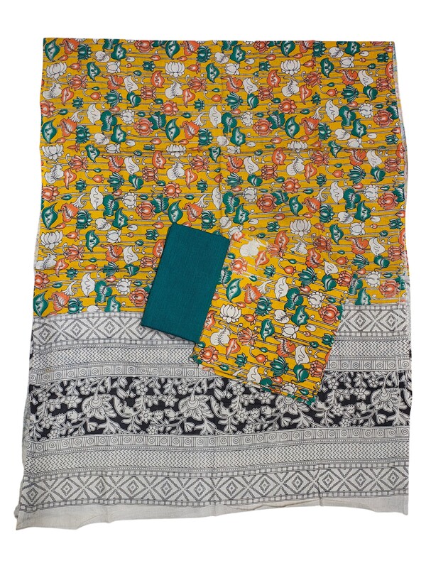 Mustard & Green Kalamkari Print Pure Cotton Unstitched Salwar Suit Set