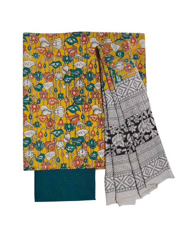 Mustard & Green Kalamkari Print Pure Cotton Unstitched Salwar Suit Set