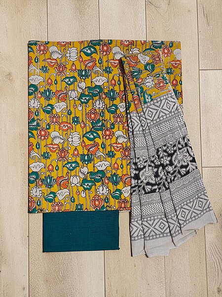 Mustard & Green Kalamkari Print Pure Cotton Unstitched Salwar Suit Set