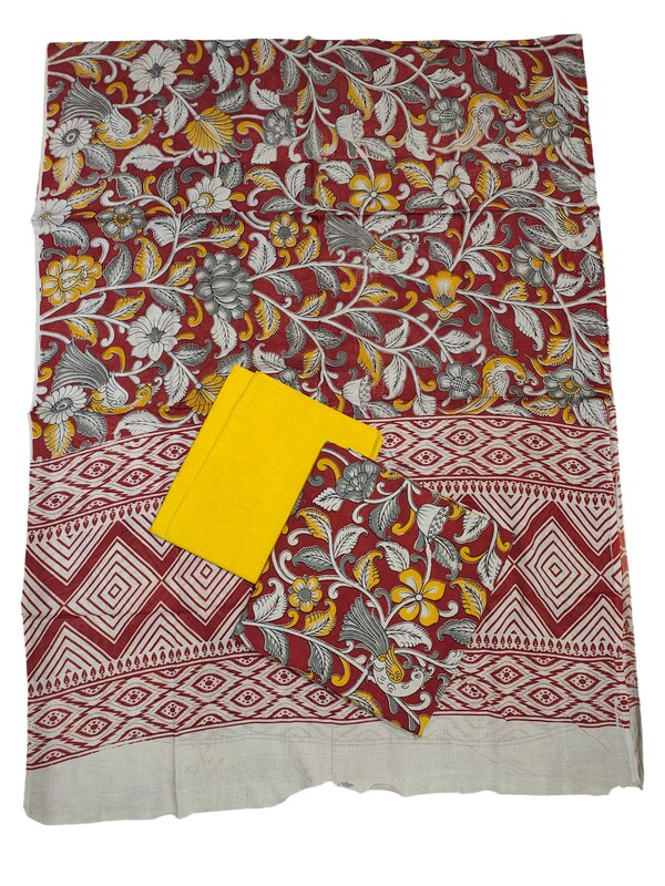 Red Kalamkari Print Pure Cotton Unstitched Salwar Suit Set
