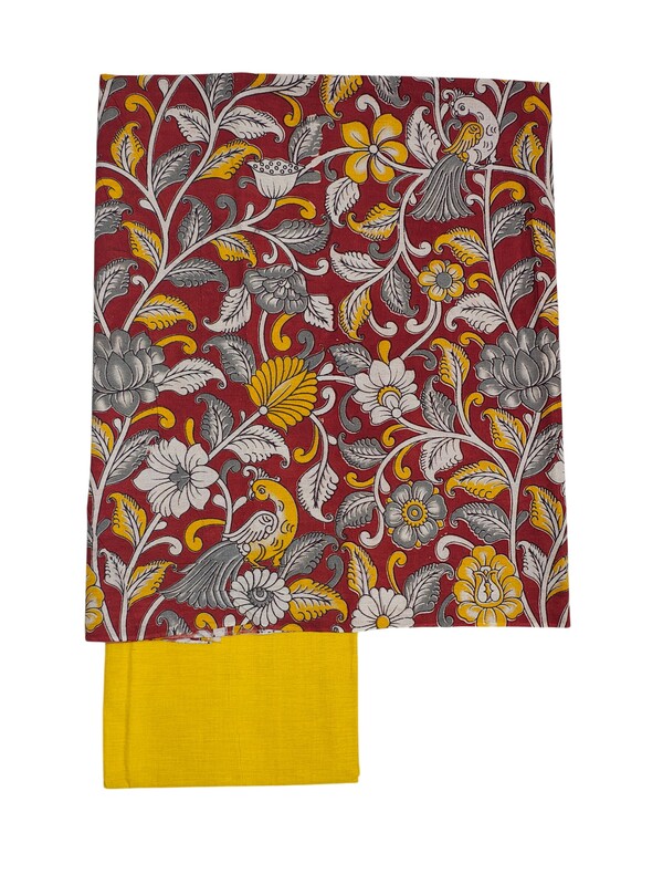 Red Kalamkari Print Pure Cotton Unstitched Salwar Suit Set