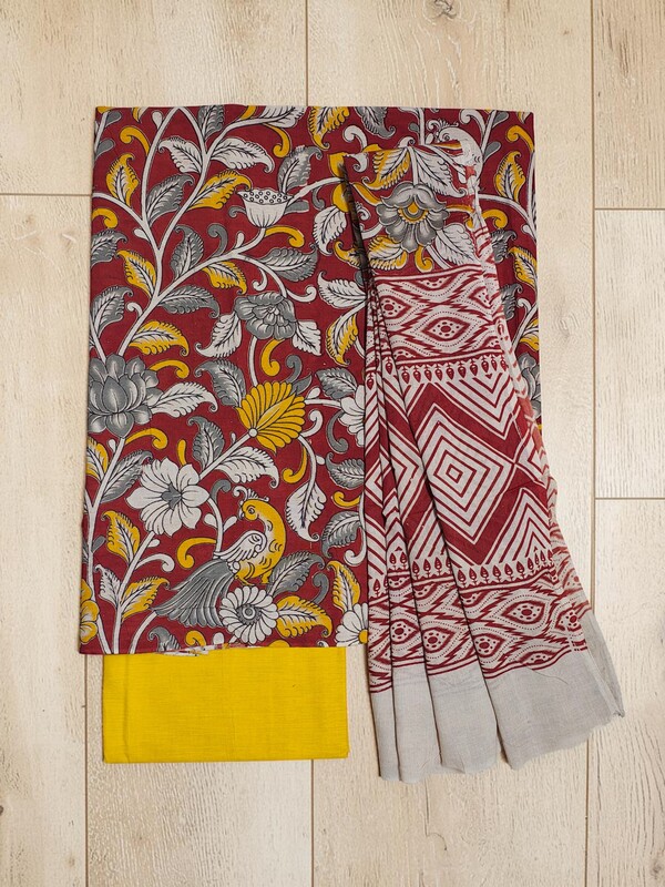 Red Kalamkari Print Pure Cotton Unstitched Salwar Suit Set