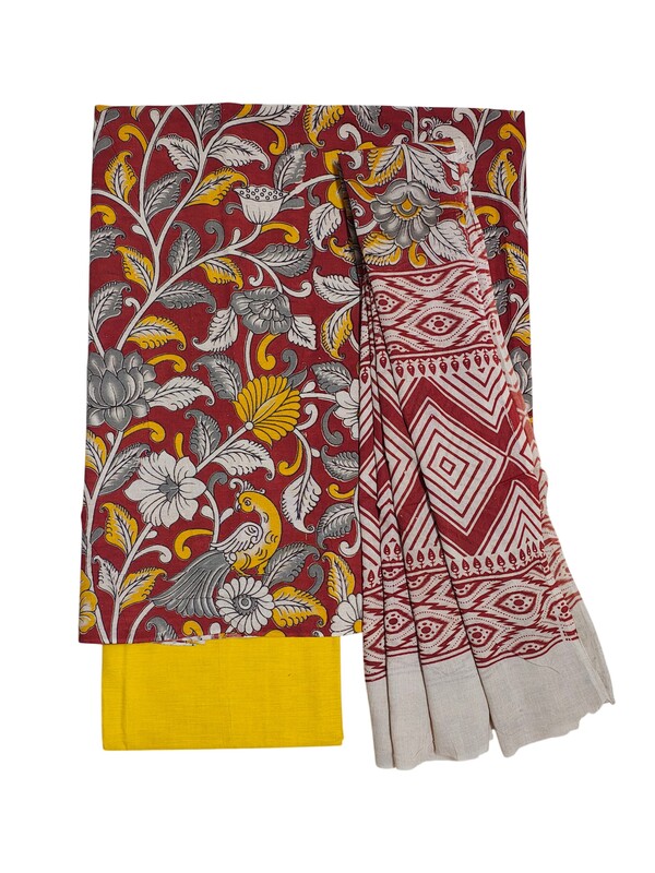 Red Kalamkari Print Pure Cotton Unstitched Salwar Suit Set