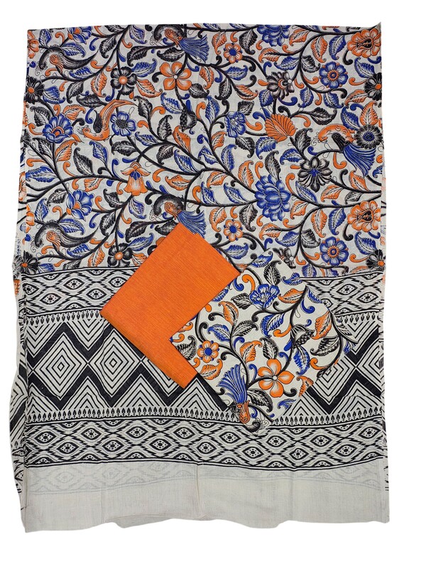 Orange Kalamkari Print Pure Cotton Unstitched Salwar Suit Set