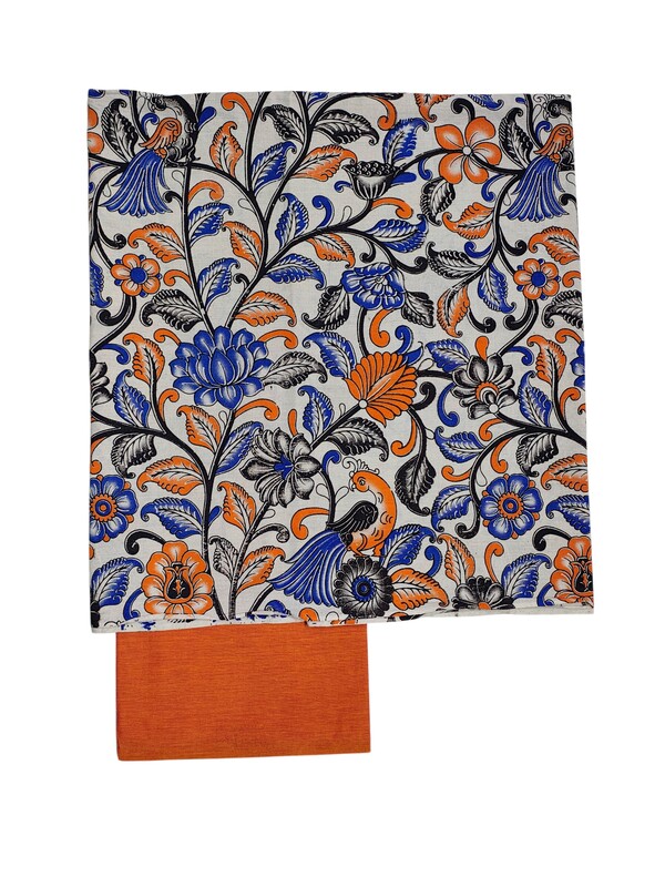 Orange Kalamkari Print Pure Cotton Unstitched Salwar Suit Set