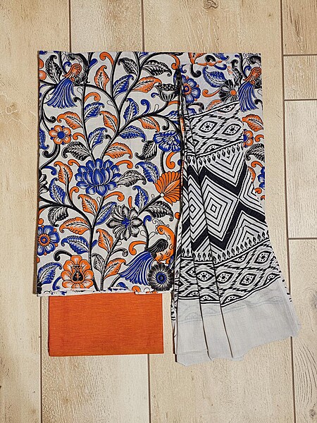 Orange Kalamkari Print Pure Cotton Unstitched Salwar Suit Set