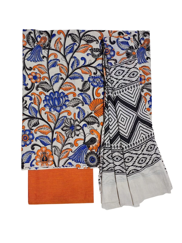 Orange Kalamkari Print Pure Cotton Unstitched Salwar Suit Set