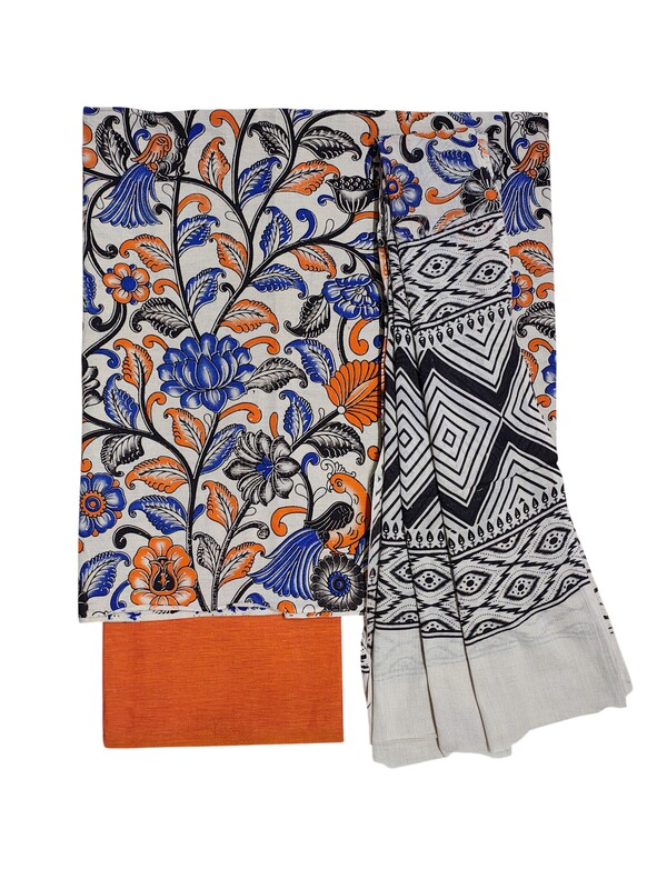Orange Kalamkari Print Pure Cotton Unstitched Salwar Suit Set