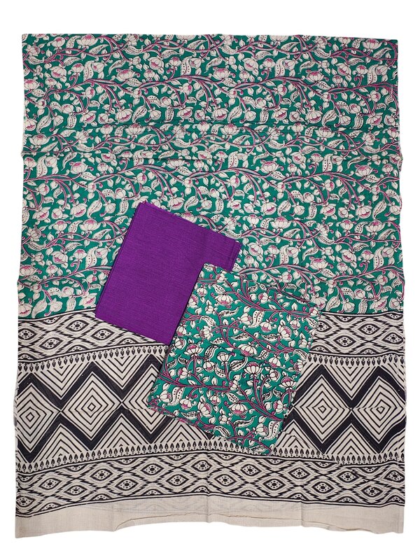 Green & Purple Kalamkari Print Pure Cotton Unstitched Salwar Suit Set