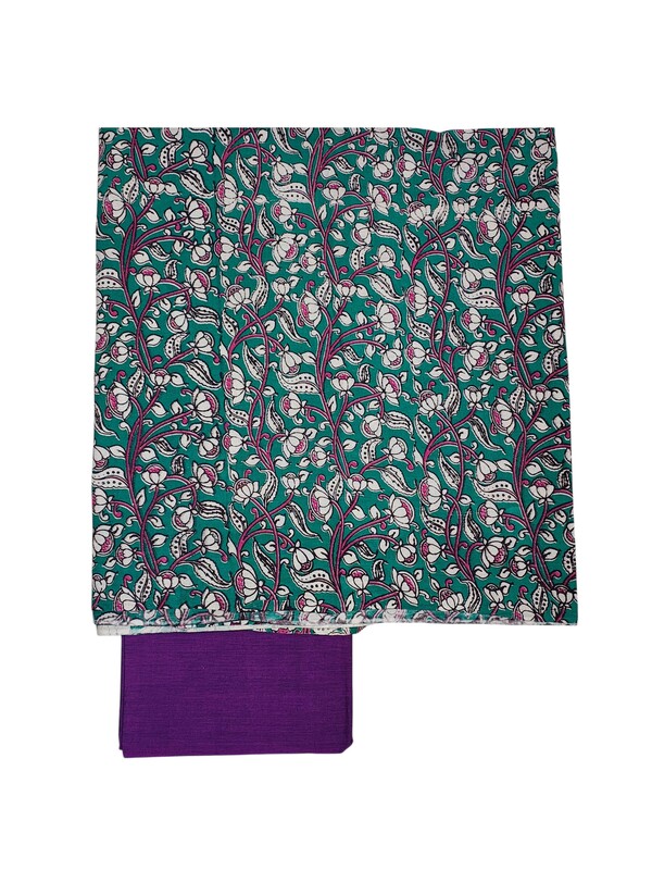 Green & Purple Kalamkari Print Pure Cotton Unstitched Salwar Suit Set