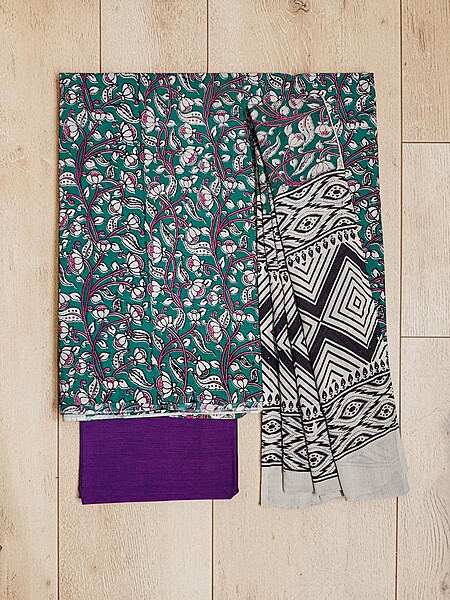 Green & Purple Kalamkari Print Pure Cotton Unstitched Salwar Suit Set
