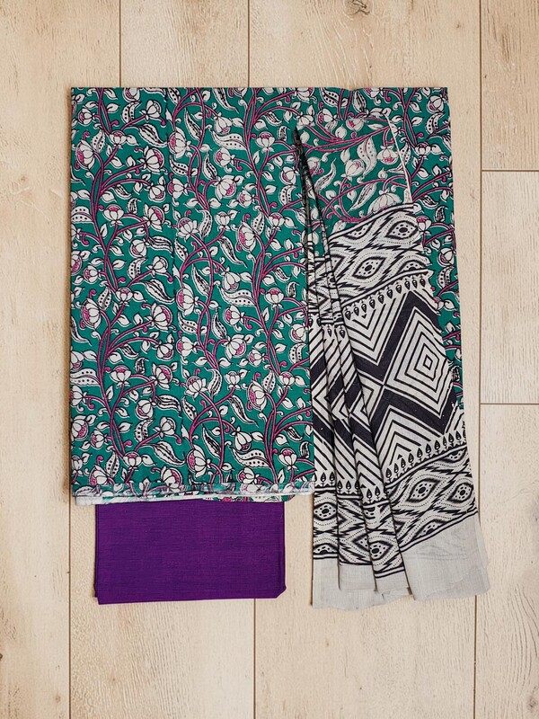 Green & Purple Kalamkari Print Pure Cotton Unstitched Salwar Suit Set