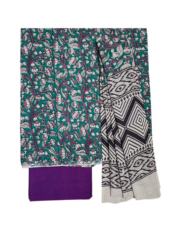 Green & Purple Kalamkari Print Pure Cotton Unstitched Salwar Suit Set