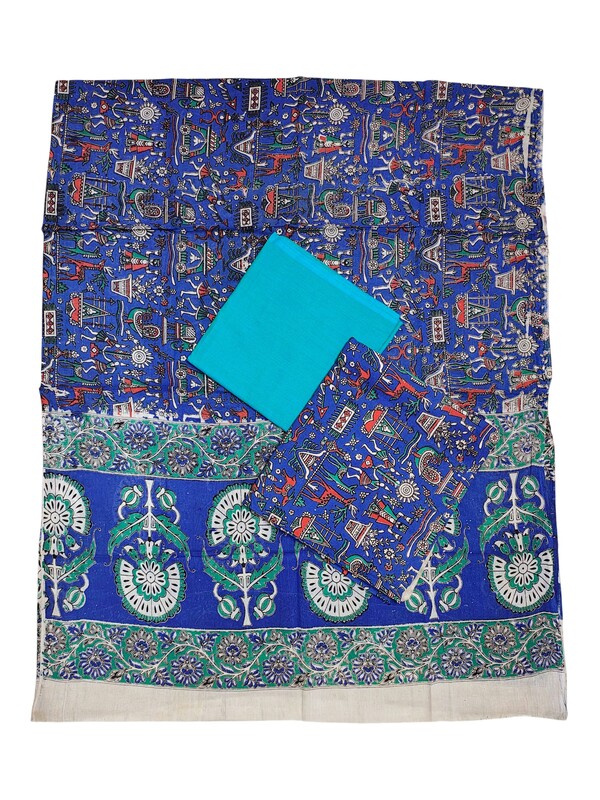 Turquoise Blue Kalamkari Print Pure Cotton Unstitched Salwar Suit Set