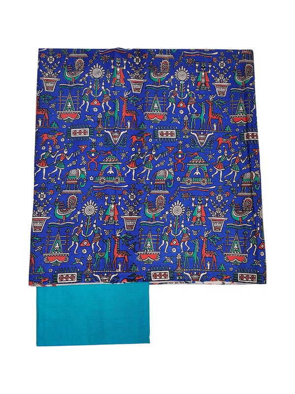 Turquoise Blue Kalamkari Print Pure Cotton Unstitched Salwar Suit Set