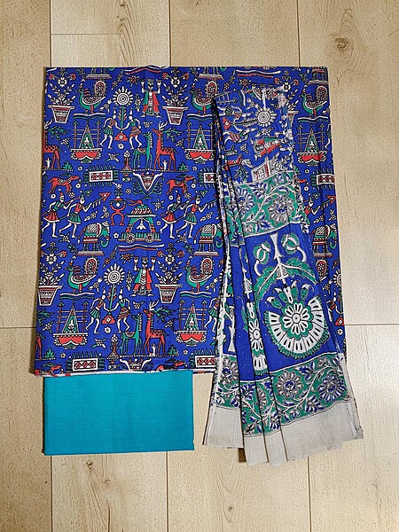 Turquoise Blue Kalamkari Print Pure Cotton Unstitched Salwar Suit Set