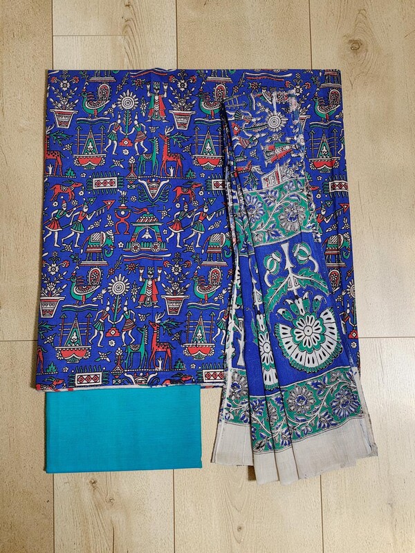Turquoise Blue Kalamkari Print Pure Cotton Unstitched Salwar Suit Set