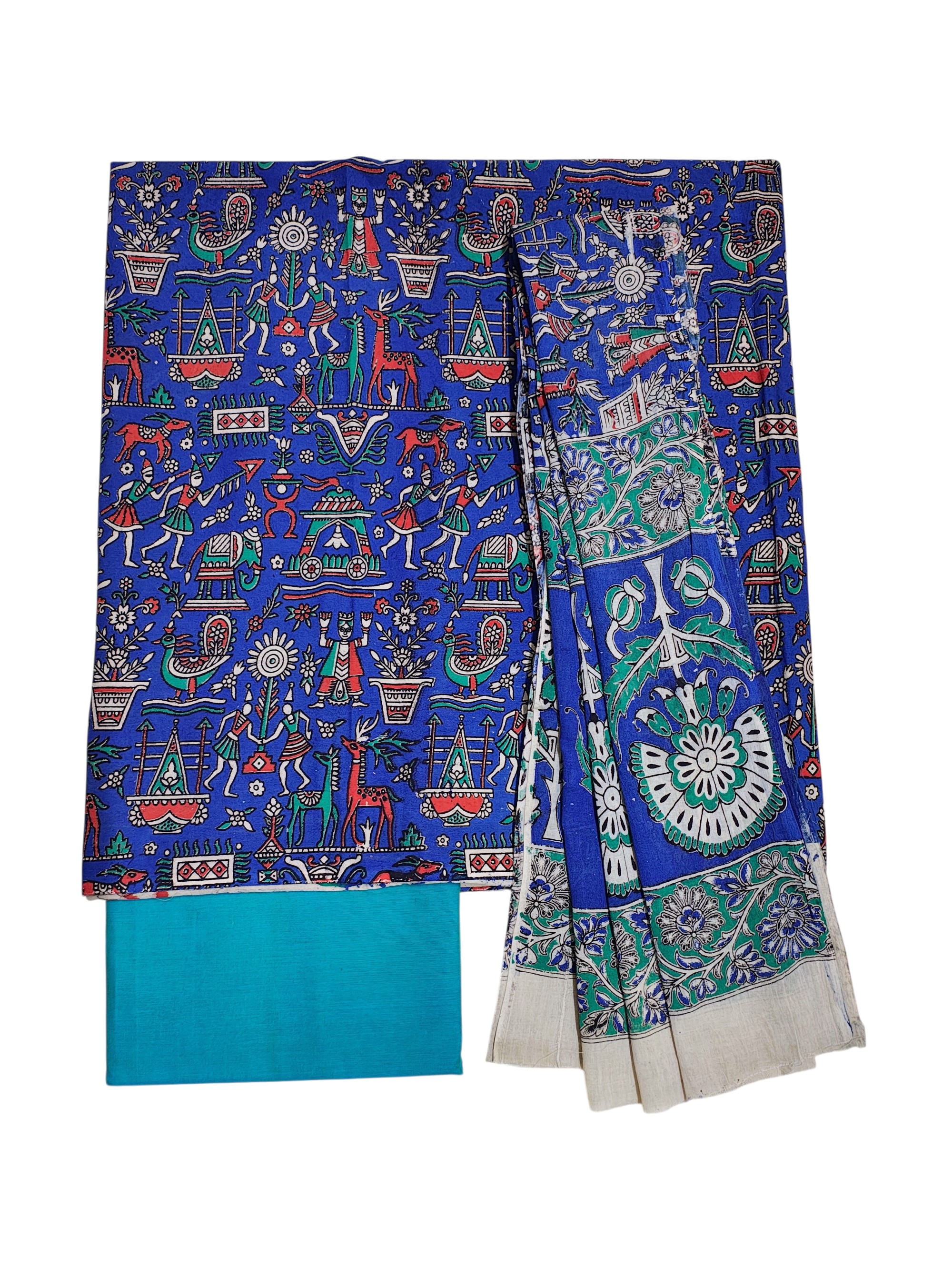 Turquoise Blue Kalamkari Print Pure Cotton Unstitched Salwar Suit Set
