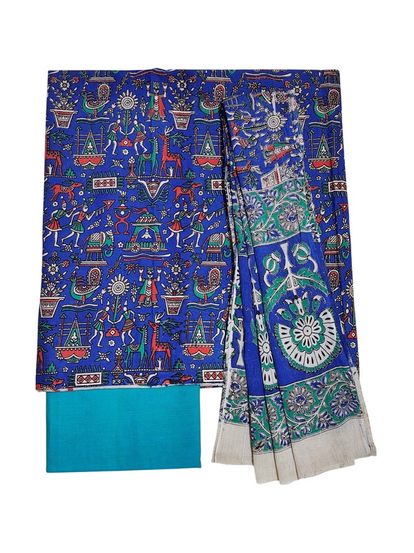 Turquoise Blue Kalamkari Print Pure Cotton Unstitched Salwar Suit Set