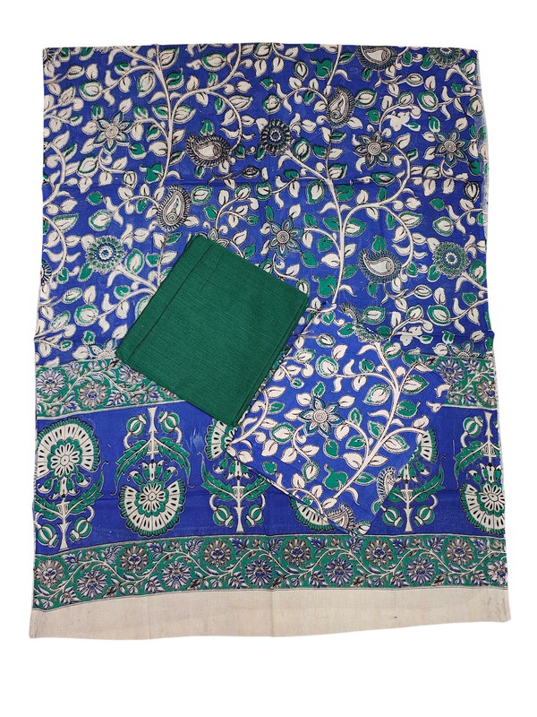 Blue & Green Kalamkari Print Pure Cotton Unstitched Salwar Suit Set