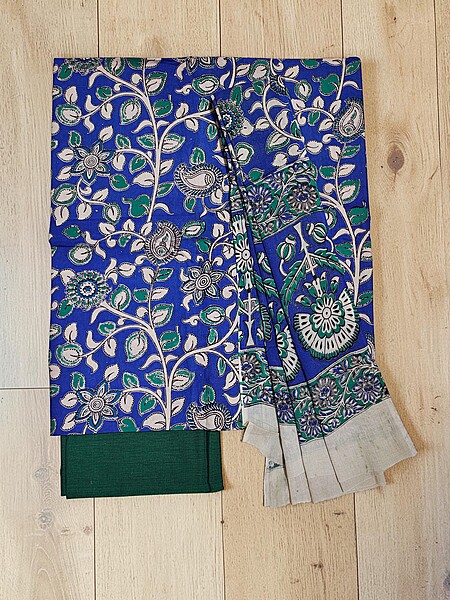 Blue & Green Kalamkari Print Pure Cotton Unstitched Salwar Suit Set