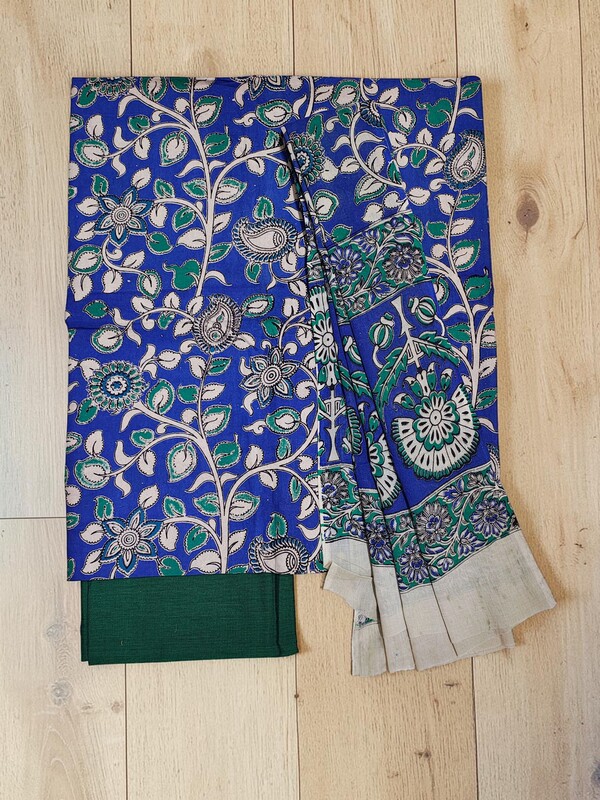 Blue & Green Kalamkari Print Pure Cotton Unstitched Salwar Suit Set