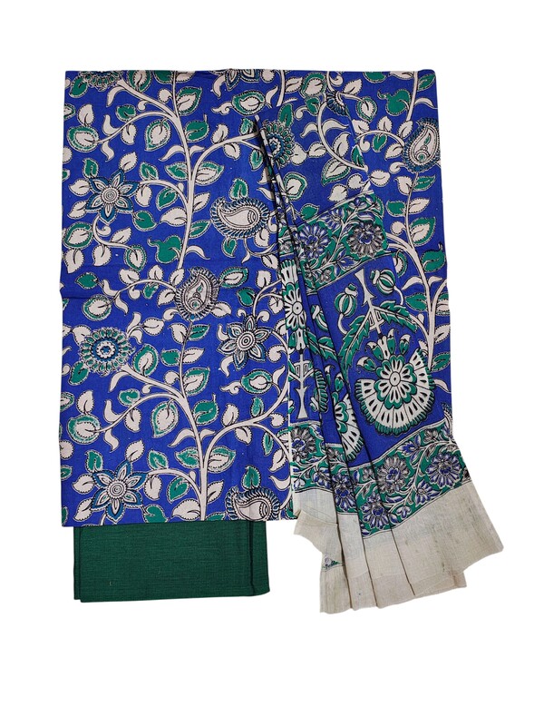 Blue & Green Kalamkari Print Pure Cotton Unstitched Salwar Suit Set