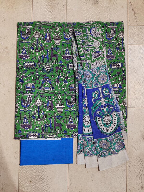 Green Kalamkari Print Pure Cotton Unstitched Salwar Suit Set