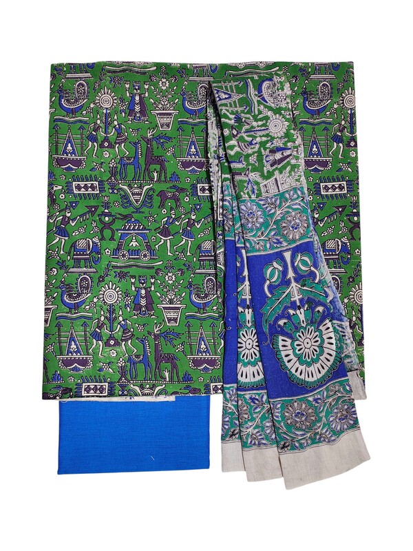 Green Kalamkari Print Pure Cotton Unstitched Salwar Suit Set