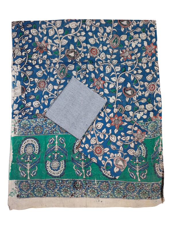 Blue & Grey Kalamkari Print Pure Cotton Unstitched Salwar Suit Set