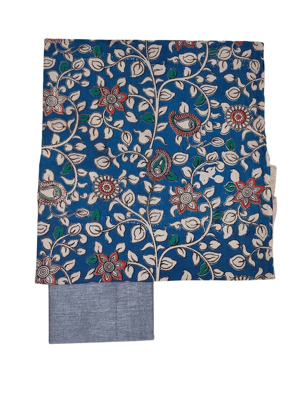 Blue & Grey Kalamkari Print Pure Cotton Unstitched Salwar Suit Set