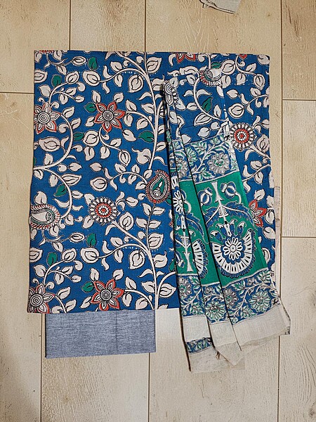 Blue & Grey Kalamkari Print Pure Cotton Unstitched Salwar Suit Set