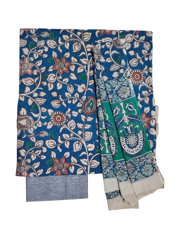 Blue & Grey Kalamkari Print Pure Cotton Unstitched Salwar Suit Set