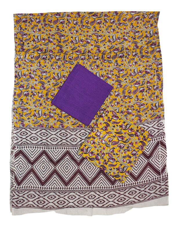 Yellow & Purple Kalamkari Print Pure Cotton Unstitched Salwar Suit Set