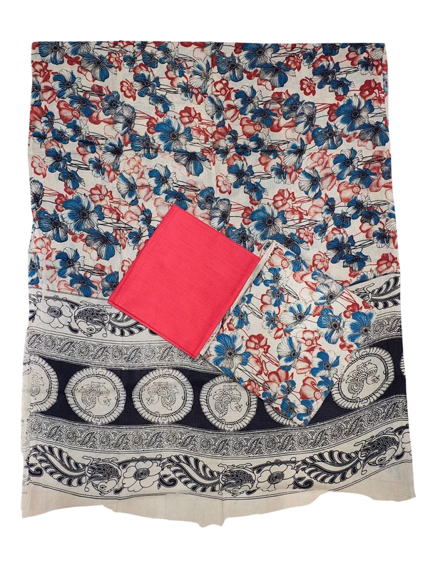 Red & Blue Kalamkari Print Pure Cotton Unstitched Salwar Suit Set