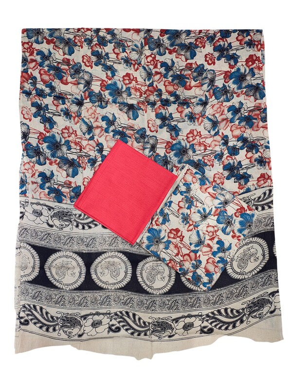 Red & Blue Kalamkari Print Pure Cotton Unstitched Salwar Suit Set