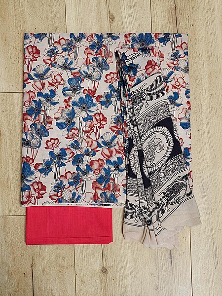 Red & Blue Kalamkari Print Pure Cotton Unstitched Salwar Suit Set