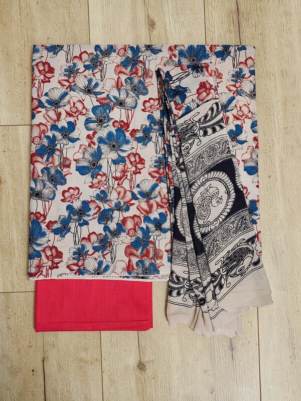 Red & Blue Kalamkari Print Pure Cotton Unstitched Salwar Suit Set