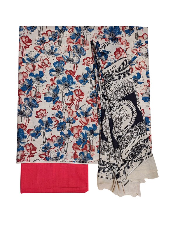 Red & Blue Kalamkari Print Pure Cotton Unstitched Salwar Suit Set