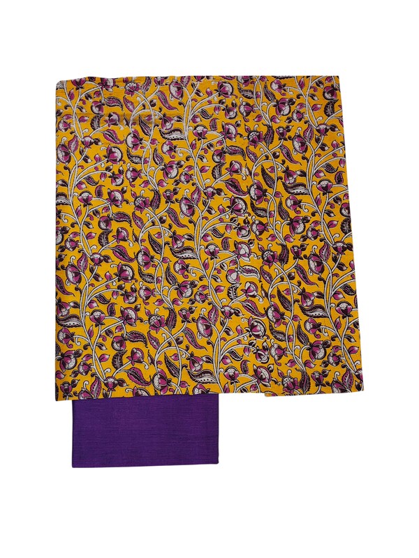 Yellow & Purple Kalamkari Print Pure Cotton Unstitched Salwar Suit Set