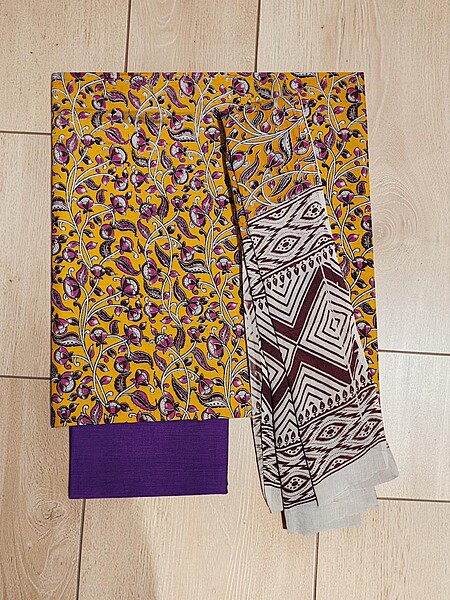 Yellow & Purple Kalamkari Print Pure Cotton Unstitched Salwar Suit Set