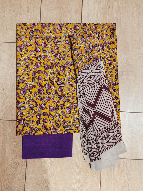Yellow & Purple Kalamkari Print Pure Cotton Unstitched Salwar Suit Set