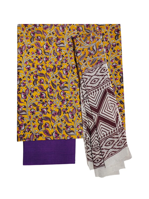 Yellow & Purple Kalamkari Print Pure Cotton Unstitched Salwar Suit Set